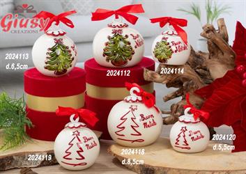 Tris Palline Natalizie In Ceramica Decoro Albero Di Natale Stilizzato Completo Di Scatola Cilindrica In Velluto Rosso