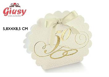 Borsa Rotonda 50° Anniversario 5,8x4x8,5 Cm In Cartoncino Decoro Pelle Bianco