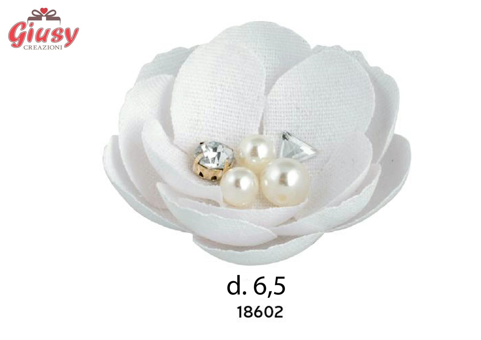 Fiore Bianco Con Perle E Strass Diametro 6,5 Cm