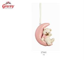 Orsetta Su Luna Rosa Da Appendere In Ceramica  H.7.5 Cm
