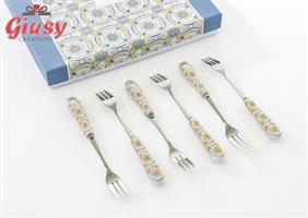 Set 6 Pezzi Forchettine Decoro Costiera Manici Ceramica 15 Cm Con AStuccio 1*24