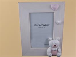 Cornice Pino Bianco Liscio Orso Rosa E Cuore 10x15 Cm