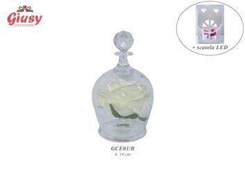 Campana In Vetro Con Rosa Bianca H.16 Cm Completo Di Scatola Led