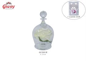 Campana In Vetro Con Rosa Bianca H.16 Cm Completo Di Scatola Led