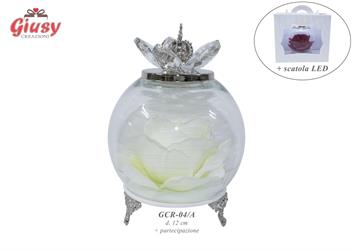 Coppa In Vetro Argento D.12 Cm Con Rosa Bianca Completo Di Scatola Led