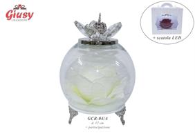 Coppa In Vetro Argento D.12 Cm Con Rosa Bianca Completo Di Scatola Led