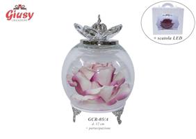 Coppa In Vetro Argento D.12 Cm Con Rosa Sfumata Fuxia Completo Di Scatola Led