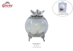 Coppa In Vetro Argento D.10 Cm Con Rosa Bianca Completo Di Scatola Led