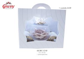 Carrozza Con Base Capodimonte 12x18 Cm Con Coppa In Vetro Con Rosa Cipria Completo Di Scatola Led