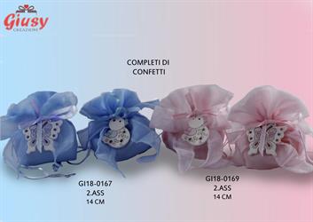 Sacchetto Rosa Con Magnete 2 Soggetti Assortiti Completo Di Confetti A Mandorla