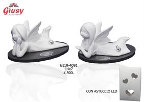 Angeli Ali In Porcellana Con Coccinella In Argento Su Base In Legno 2 Soggetti Assortiti 14x7 Cm Completo Di Astuccio Led