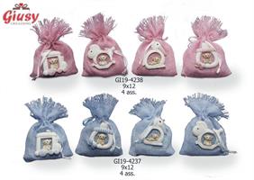 Sacchetto In Juta Rosa Con Appendino Nascita Girl 4 Soggetti Assortiti 9x12 Cm