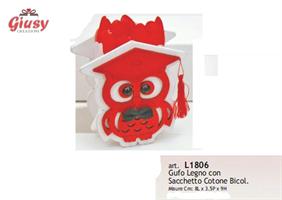 Gufo In Legno 8x3,5x9 Cm Con Sacchetto In Cotone Bicolore