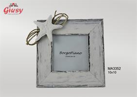 Cornice 10x10 In Legno Bianco Con Bordo Marrone Con Corda E Stella Marina