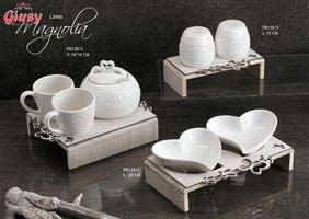 Set Zucchieriera 16x14 Cm Con Tazze Bianca Con Cuori Su Base In Legno Completo Di Box  1*24