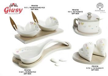 Set Zuccheriera Piatto Cucchiaio Cuori In Porcellana E Legno 14,5 Cm  Completo Di G.Box 4*24