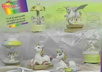 Sfera In Vetro Su Carillon Con Unicorno Multicolor In Ceramica Di Capodimonte 10 Cm