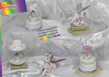 Sfera In Vetro Su Carillon Con Unicorno Rosa In Ceramica Di Capodimonte 10Cm