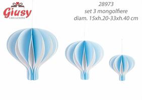 Set 3 Mongolfiere Azzurre Da Appendere Diam.15xh.20-33xh.40 Cm 1*12