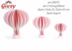 Set 3 Mongolfiere Rosa Con Base Legno Diam.15xh.23-33xh.45 Cm 1*12