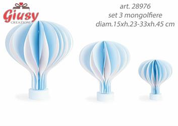 Set 3 Mongolfiere In Azzurro Con Base Legno Diam.15xh.23-33xh.45 Cm 1*12