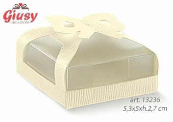 Scatola Portaconfetti Gemma In Cartoncino Seta Avorio e Pvc 5,3x5xh.2,7 Cm