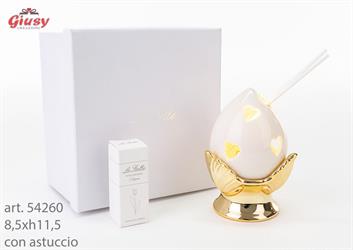 Profumatore Pomo In Porcellana Decoro Bianco E Oro 8,5xh.11,5 Cm Completo Di Astuccio Ed Essenza 1*24
