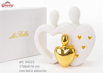 Coppia Sposi In Porcellana Bianca Con Bimbo Decoro Oro Con Led 17x6xh.16 Cm Completa Di Astuccio 1*24
