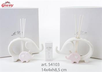 Profumatore Elefante In Porcellana Bianca E Rosa 2 Soggetti Assortiti 14x4xh.8,5 Cm Completo Di Astuccio ed Essenza 1*48