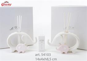 Profumatore Elefante In Porcellana Bianca E Rosa 2 Soggetti Assortiti 14x4xh.8,5 Cm Completo Di Astuccio ed Essenza 1*48