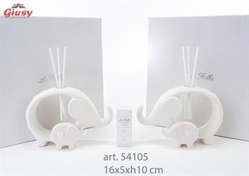 Profumatore Elefante In Porcellana Bianca e Rosa 2 Soggetti Assortiti 16x5xh.10 Cm Completo Di Astuccio Ed Essenza 2*36