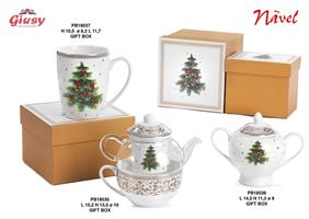 Set Teiera Con Tazza Infusione Con Decoro Albero Di Natale In Porcellana e Vetro Navel 12,2 Cm Completa Di Scatola Regalo 2*12