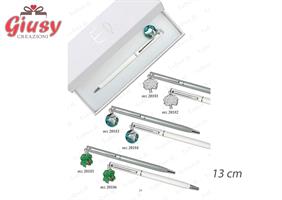 Penna Bianca Con Ciondolo Quadrifoglio Smaltato In Ottone Placcato In Argento 13Cm Completa Di Scatola