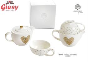 Set Teiera Con Tazza Decoro Love More In Porcellana 11,4 Cm Completo Di Scatolo 1*16