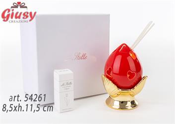 Profumatore Pomo In Porcellana Rosso Con Base Decorata In Oro 8,5xh.11,5 Cm Completo Di Astuccio ed Essenza 1*24