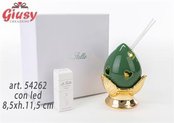 Profumatore Pomo In Porcellana Verde Con Base Decorata In Oro 8,5xh.11,5 Cm Completo Di Astuccio Ed Essenza 1*24