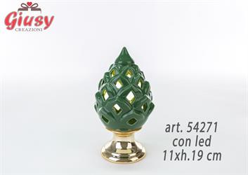 Pigna In Porcellana Verde Con Base Decorata In Oro Con Led 11xh.19 Cm 1*18