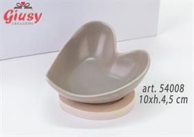 Ciotolina Cuore In Porcellana Grigia Con Base Legno 10xh.4,5 Cm Completa Di Astuccio 1*36