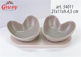 Set 2 Ciotole Cuore In  Porcellana Grigia con Base Legno 21x11xh.4,5 Cm Completo Di Scatola  1*18