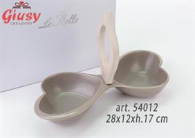 Antipastiera Cuore In Porcellana Grigia Con Manico Legno 28x12xh.17 Cm Completa Di Astuccio 1*24
