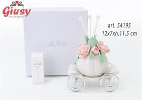 Profumatore Carrozza Con Fiore In Porcellana 12x7xh.11,5 Cm Completo Di Astuccio Ed Essenza 1*48