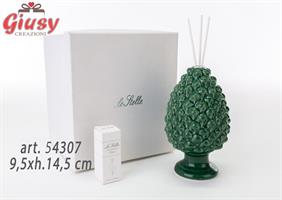 Profumatore Pigna In Porcellana Verde 9,5xh.14,5 Cm Completo Di Astuccio Ed Essenza 1*24