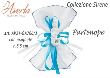Fazzoletto 23x23 Cm Bianco Con Orlo Turchese Con Magnete Sirena In Gesso H.8,5 Cm Collezione Sirene