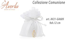 Sacchetto Bianco Con Pizzo Macramè 9xh.12 Cm Completo Di Medaglietta Calice Collezione Comunione