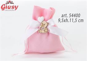 Sacchetto In Cotone Rosa Con Applicazione Orsetto In Legno 9,5xh.11,5 Cm 12*720