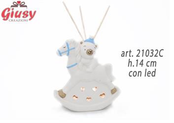 Cavallo A Dondolo In Ceramica Con Orsetto Celeste Con Luce Led 13x5xh.14 Cm 2*36