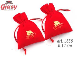 Sacchetto Rosso Laurea In Velluto Con Stampa Pergamena E Tocco In Oro H.12 Cm 12*1200
