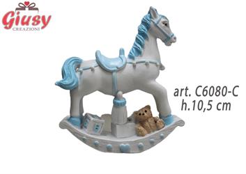Statuina Grande Con Cavallo A Dondolo In Resina Colore Celeste H.10,5 Cm 1*72