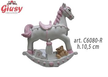 Statuina Grande Con Cavallo A Dondolo In Resina Colore Rosa H.10,5 Cm 1*72