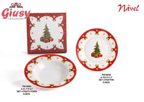 Set 4 Piatti Piani Con Decoro Albero Di Natale In Porcellana Navel 19,3 Cm Con Scatola Regalo 1*6